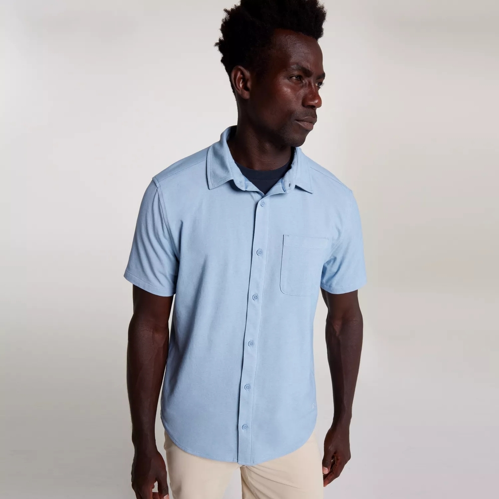 NEW! VRST Mens Blue Refined Knit Short Sleeve Button Up Shirt - Muted Denim, XXL